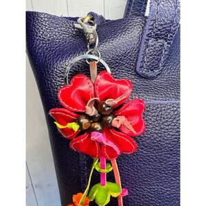 Red Leather Beaded Daisy Flower Purse Charm Genuine Leather Bag Charm NEW
